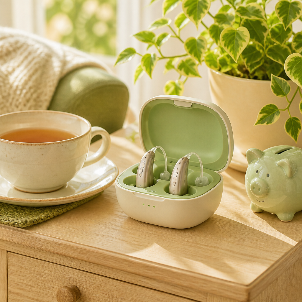 Illustration of a hearing aid in a charging case beside tea and a piggy bank