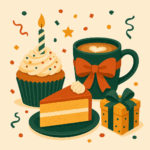 Illustration of a birthday cupcake, coffee and a gift box with confetti