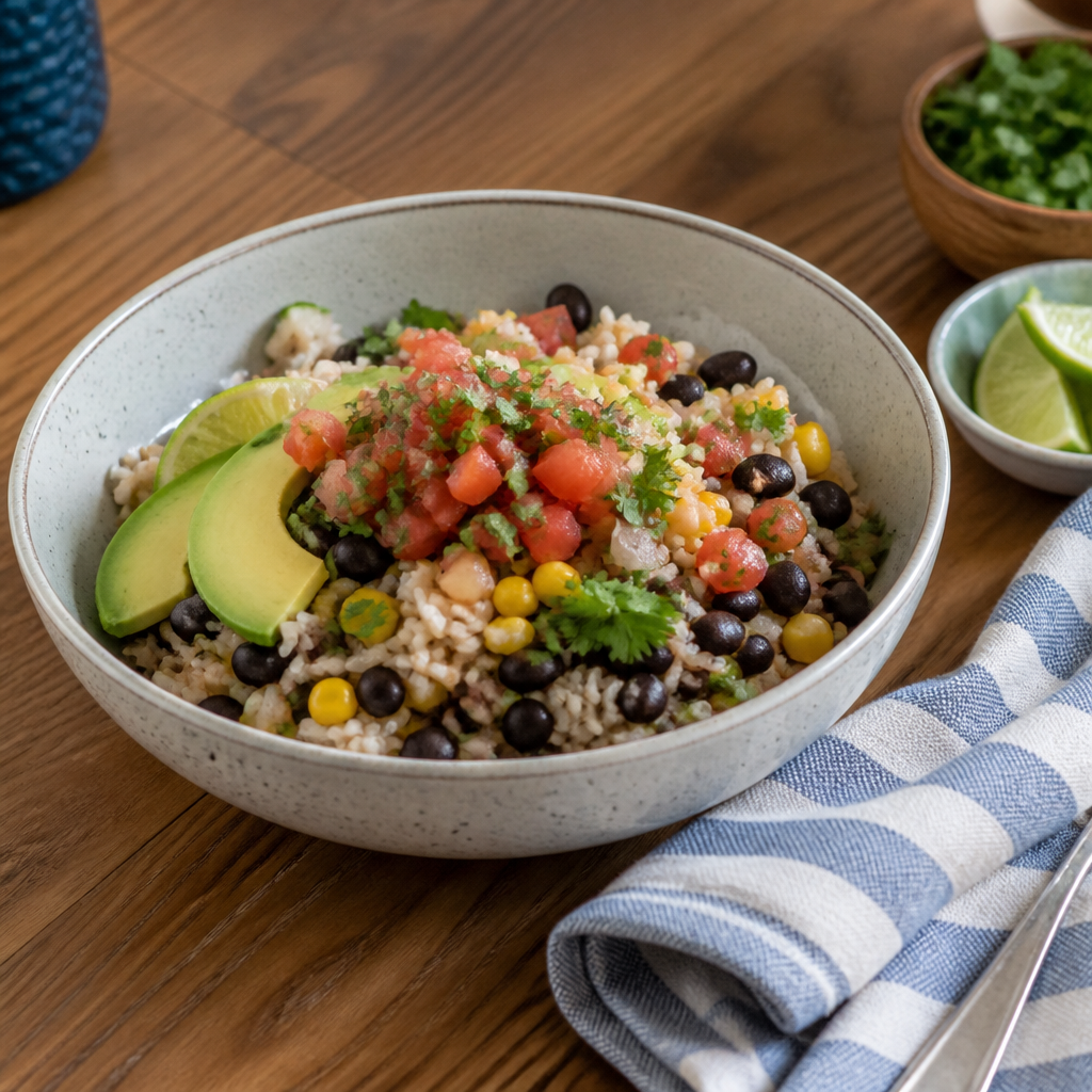 A colorful homemade bean and rice bowl with avocado, corn, and lime on a wooden table.