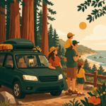 Illustration of a car at a sunny state park with redwoods and a library card
