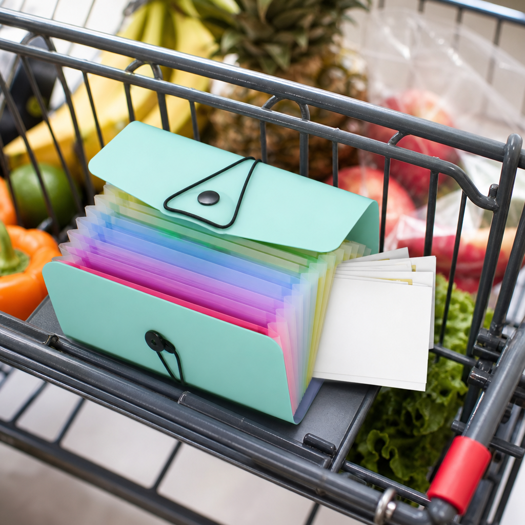 A compact accordion coupon organizer sitting in a grocery cart with fresh produce behind it.
