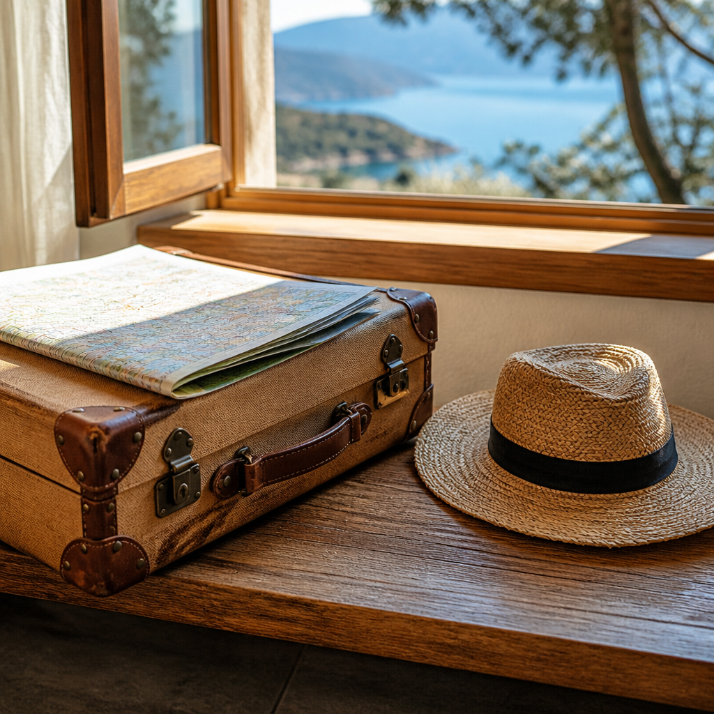 A suitcase, folded map, and sun hat by a sunny window, ready for a trip.