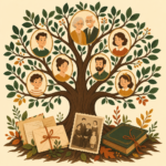 Illustration of a family tree with portrait frames