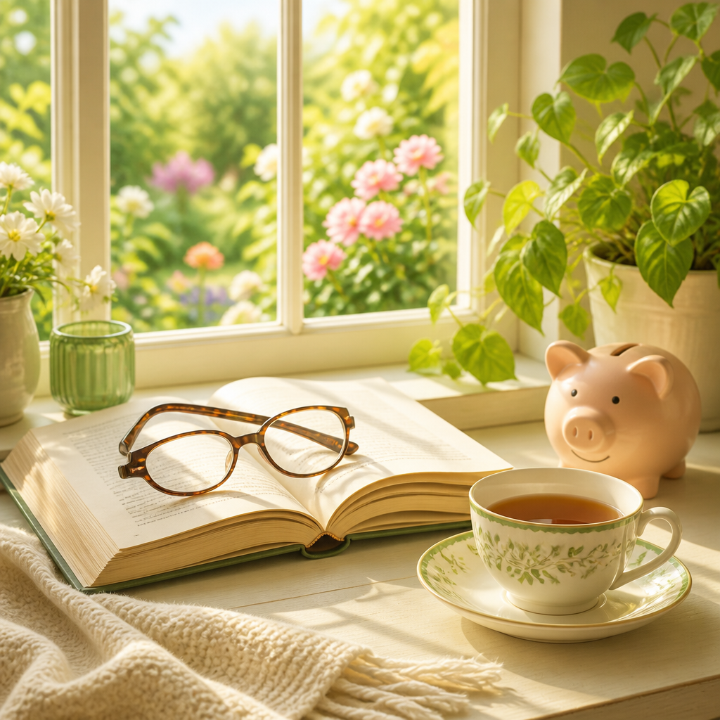 Illustration of eyeglasses on an open book with tea and a piggy bank on a windowsill