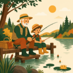Illustration of a grandparent and grandchild fishing from a dock