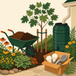 Illustration of a wheelbarrow of mulch, rain barrel, young tree and LED bulbs