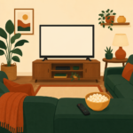 Illustration of a cozy TV room with popcorn