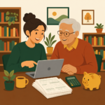 Illustration of a volunteer helping an older adult with tax forms at a library