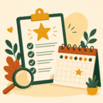 Illustration of a report card with a gold star and a magnifying glass