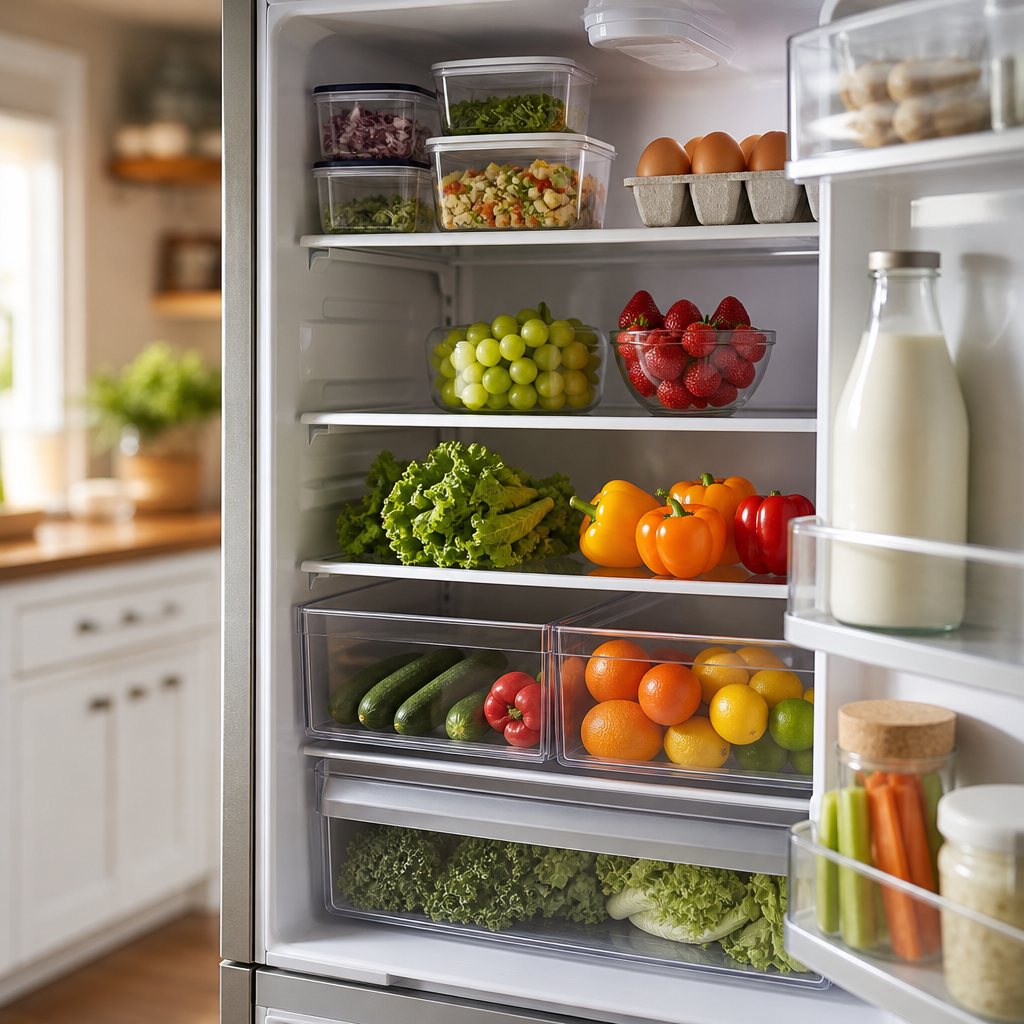 An open fridge neatly stocked with fresh vegetables, fruit, eggs and milk.