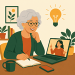 Illustration of an older woman learning on a laptop and phone