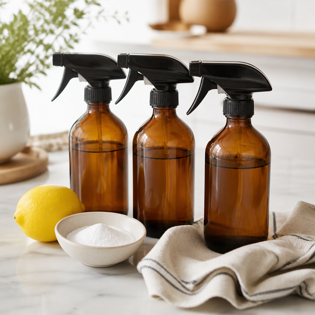 Amber glass spray bottles on a kitchen counter with a lemon and baking soda.