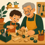 Illustration of a child building a wooden toy with a grandparent