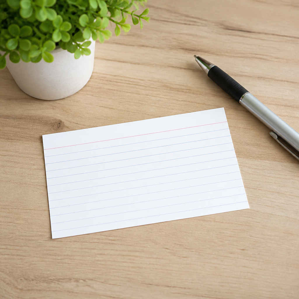 A blank index card and a pen on a tidy wooden desk beside a small plant.