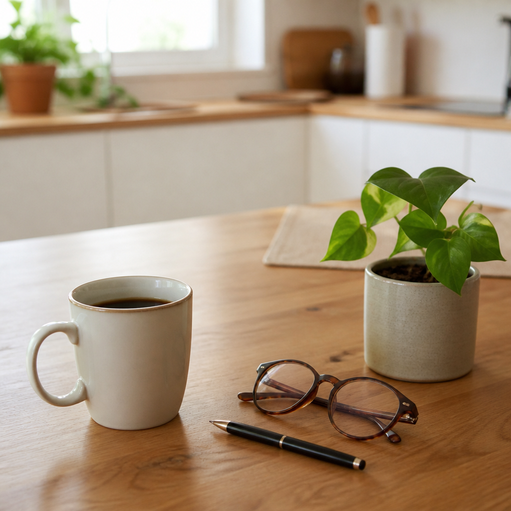 A mug, reading glasses and a pen beside a small plant on a sunny kitchen table.