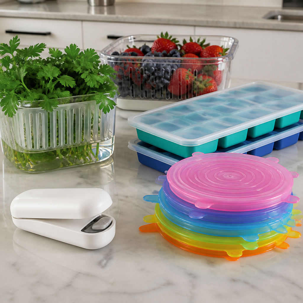 A kitchen counter with a bag sealer, herb keeper, freezer tray, produce container, and silicone stretch lids.