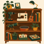 Illustration of a library shelf with tools, a sewing machine, a telescope and more