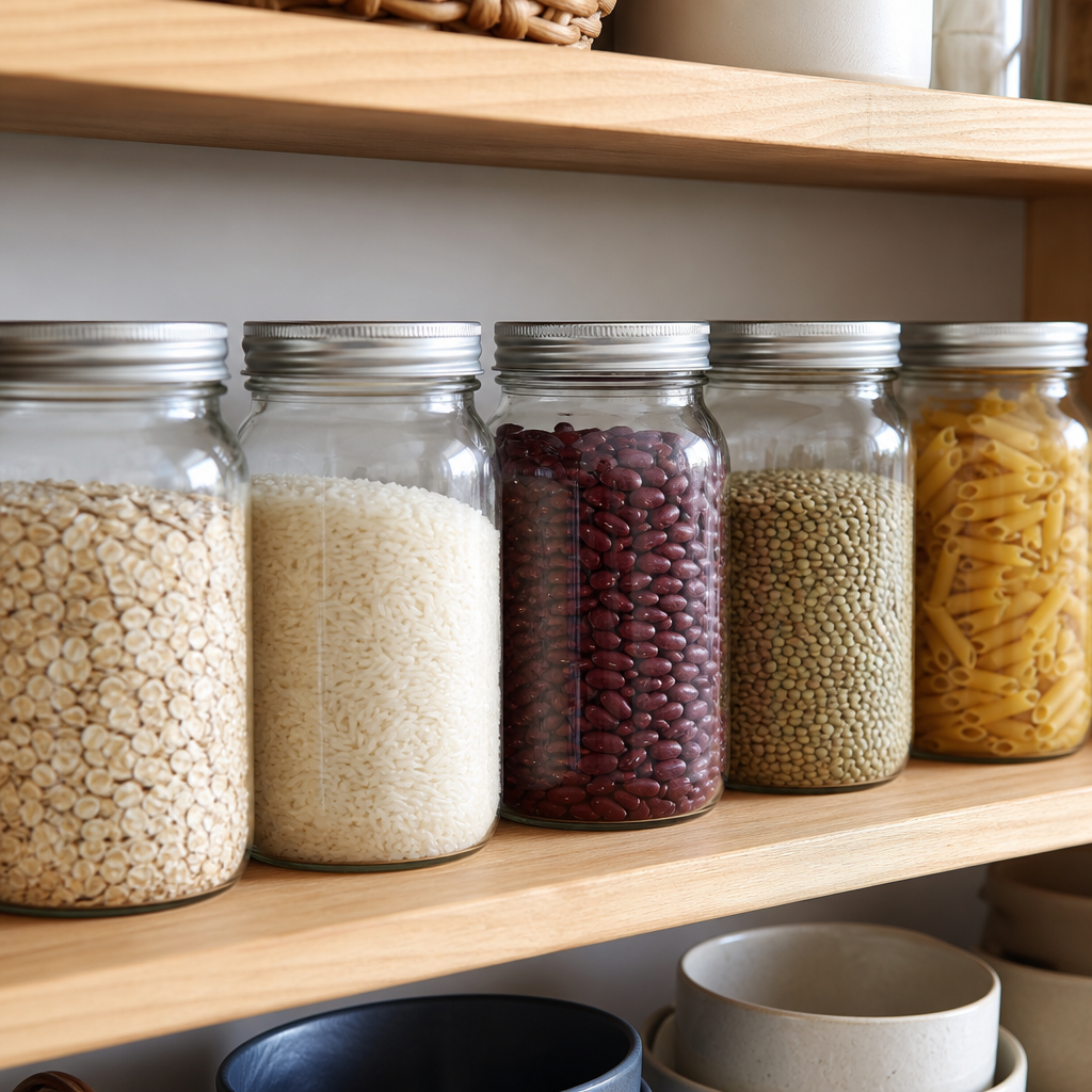 Glass mason jars filled with oats, rice, beans, lentils and pasta on a pantry shelf.