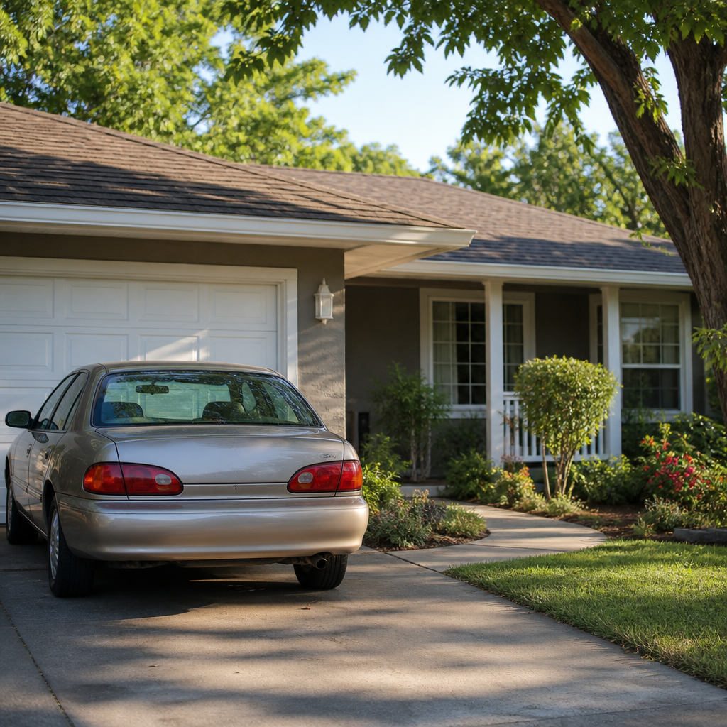 A tidy modest house with an older sedan parked in the driveway