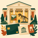 Illustration of a museum with a painting, dinosaur skeleton and a bank card ticket
