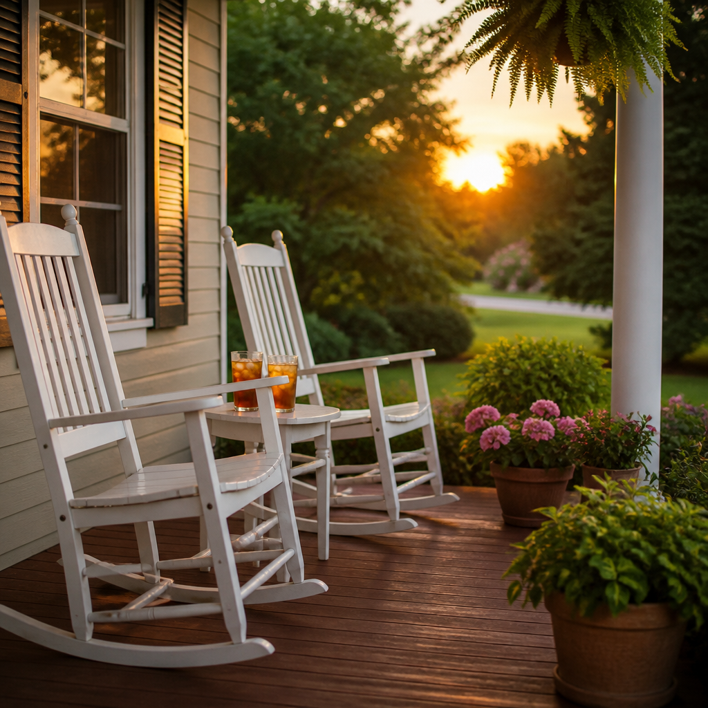 Two rocking chairs on a peaceful porch with iced tea and flowers at sunset.