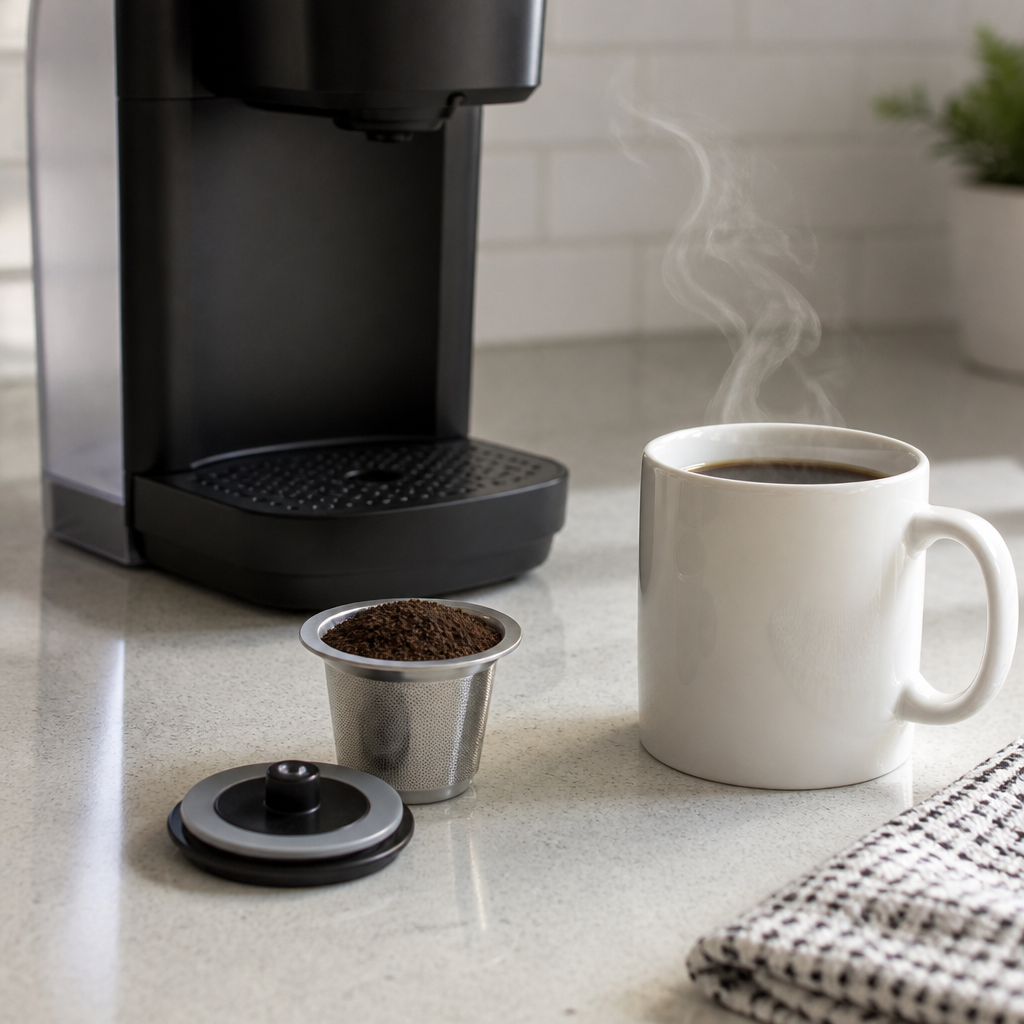 A refillable coffee pod filled with grounds beside a single-serve brewer and a mug.