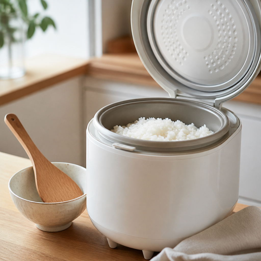 A small rice cooker with fluffy white rice beside a bowl and rice paddle.