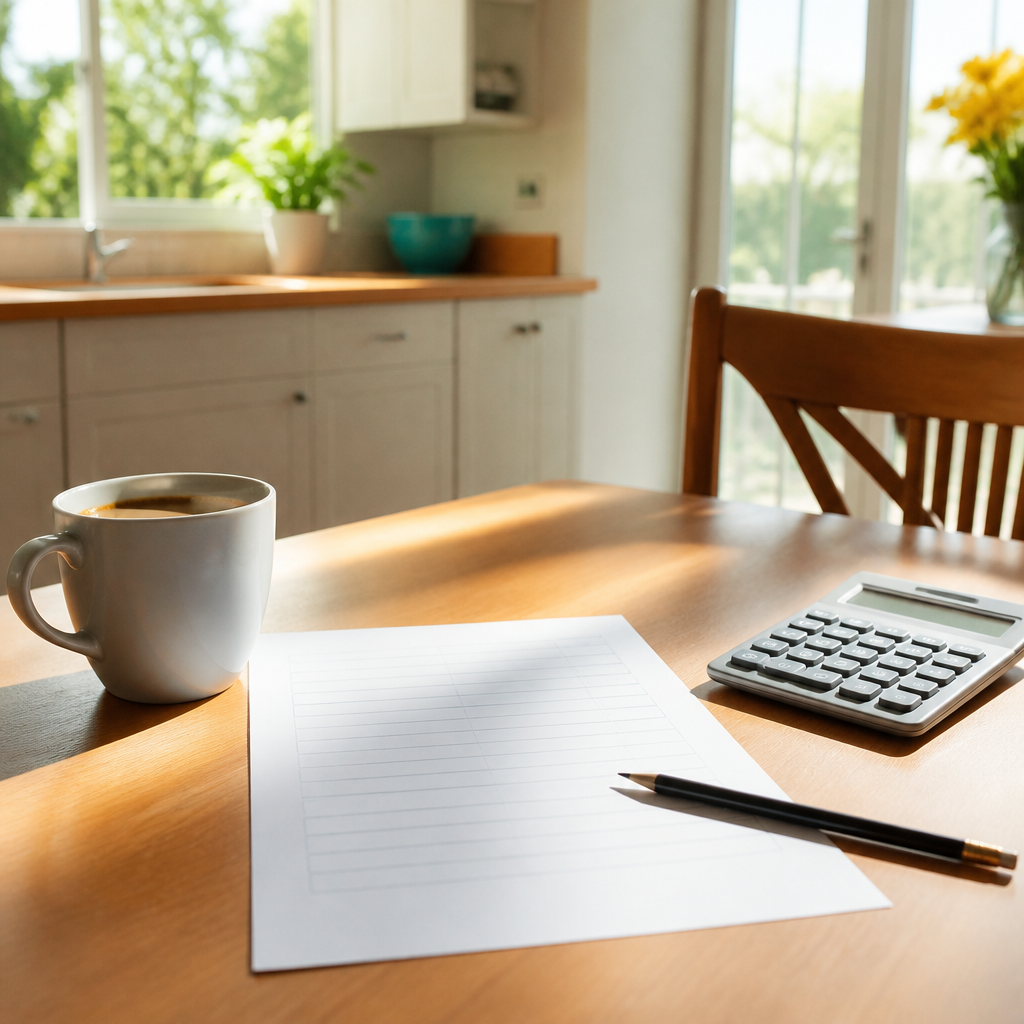 A kitchen table with a blank budget sheet, calculator, pencil and coffee