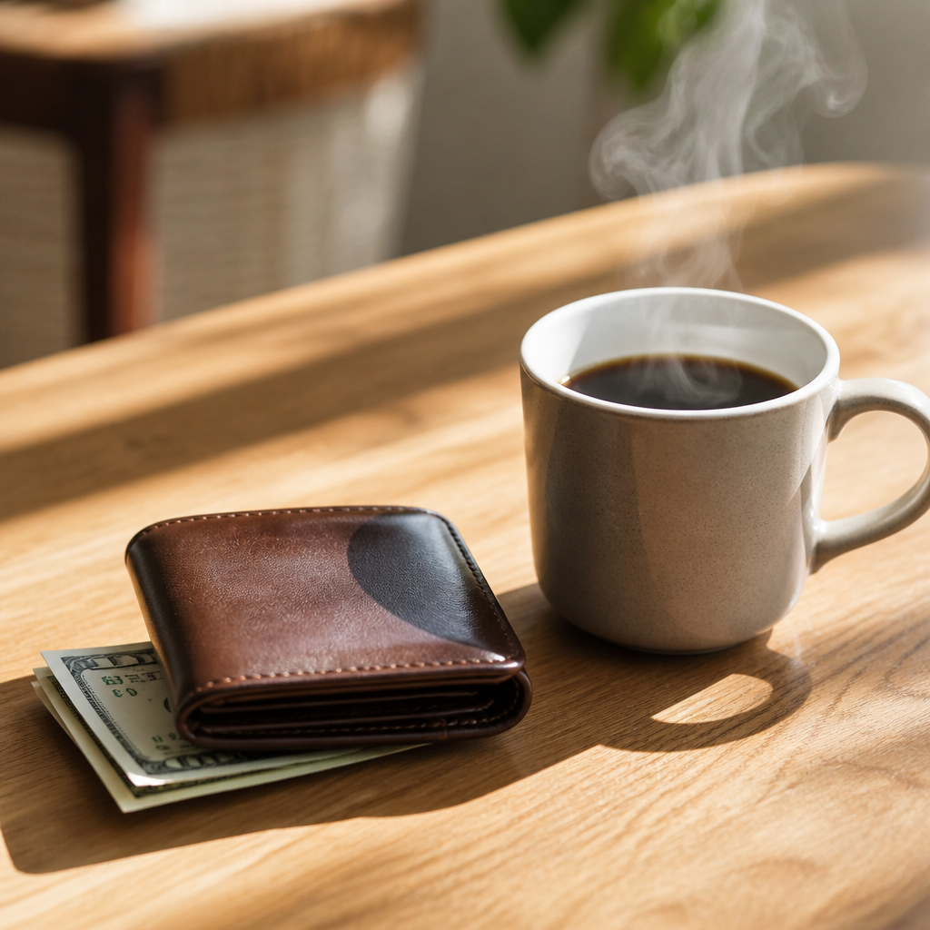A leather wallet and a few folded bills beside a coffee mug on a wooden table.