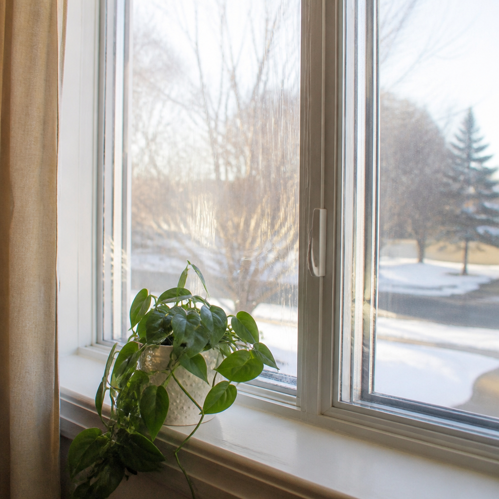 Clear insulation film stretched over a white window with a houseplant on the sill.